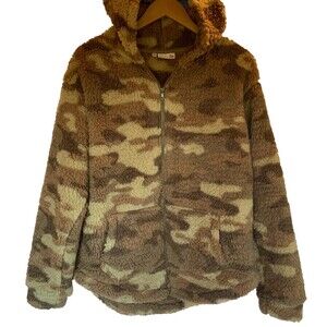 SO Camo Print Sherpa Full Zip Hoodie Jacket Sz Med Cozy Warm Fuzzy *Note